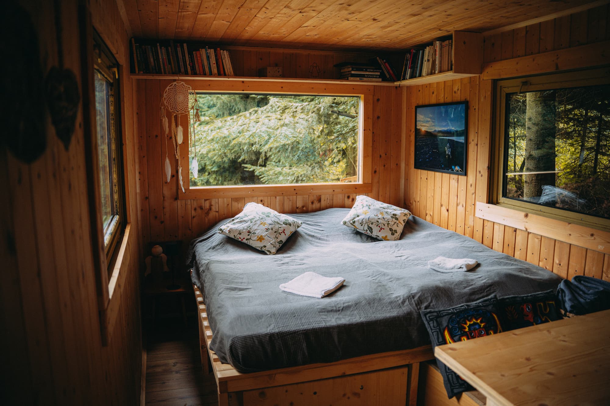 Modern A-frame cabin in forest